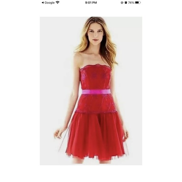 Pearl Georgina Chapman of Marchesa Red Mesh Lace Bustier Party Dress Size 0 - Picture 3 of 10